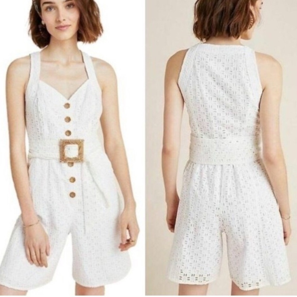 Anthropologie White Eyelet Fully Lined Belted Romper size 4